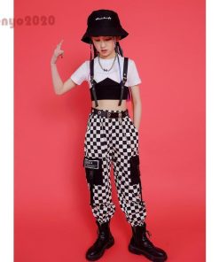 キッズダンス衣装 ヒップホップ セットアップ 韓国 かっこいい 黒 白 カーゴパンツ チェック柄tシャツ へそ出し ステージ衣装 練習着 170 120 ダンス発表会 * レッスンウエア