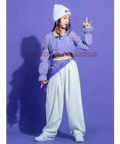 ダンス 衣装 ガールズ キッズ セットアップ へそ出し トップス ロングパンツ パープル ジャズ 韓国 演出服 応援団 応援団 ジャズダン 練習着 ダンス発表会 * レッスンウエア