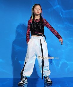 へそ出し キッズ ダンス 衣装 上下3点セットアップ 韓国 ヒップホップ トップス 黒 チアダンス 女の子 チアガール ベスト 柄 長袖 応援団 体育祭 練習着 発表会 * レッスンウエア