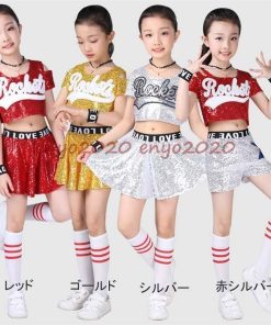 キッズダンス キッズダンス衣装 チアガール 女の子 チアダンス キラキラ スカート ダンス衣装 セットアップ スパンコール ヒップホップ セール * ウエア