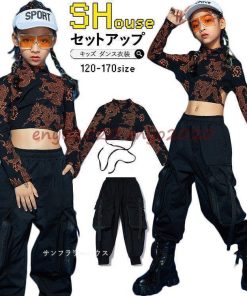 キッズダンス衣装 セットアップ ヒップホップ へそ出し 長袖Tシャツ パンツ 韓国 かっこいい 派手 黒 ダンス衣装 龍 柄 原宿 発表会 170 ステージ衣装 練習着 * レッスンウエア