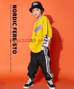 Tシャツ セットアップ 子供 韓国 ダンスウェア ビッグシルエット ヒップホップ キッズ ダンス衣装 団体 ジュニア フェイクレイヤード 重ね着トップス * ドレス、ダンス衣装