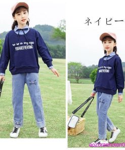 セットアップ キッズ 上下セット 春 秋 学生 女の子 長袖トップス+ジーンズ 可愛い ラペル アンサンブル ハート柄 2点セット 110-170 普段着 ネイビー ピンク * 上下セット