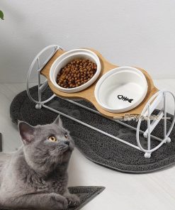 ペットボウル 猫食器 猫用 フード ボウル 猫餌入れ 食器台 2段階調整 自然木製 食べやすい 小型犬 斜め ネコ 餌 皿陶器 台 餌入れ ねこ * 食器、フードボール