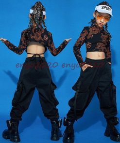 キッズダンス衣装 セットアップ ヒップホップ へそ出し 長袖Tシャツ パンツ 韓国 かっこいい 派手 黒 ダンス衣装 龍 柄 原宿 発表会 170 ステージ衣装 練習着 * レッスンウエア