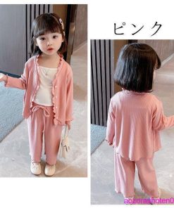 子供服 3点セット キッズ 女の子 セットアップ 上下セット スウィート 幼児 ベビー カーディガン キャミソール パンツ オシャレ 可愛い グリーン ピンク 春夏秋 * 上下セット