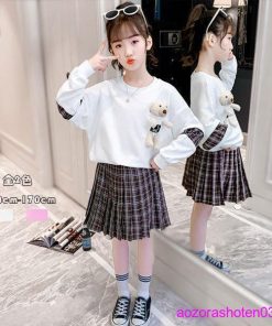 子ども服 セットアップ 可愛い 春服 女の子 上下セット スカートセット スウェット+スカート 2点セット クマ 学生 小学生 上下 春 120-170 ホワイト ピンク 秋 * 上下セット