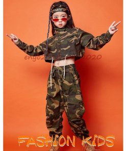 キッズ ダンス衣装 ヒップホップ HIPHOP 子供服 長袖 迷彩 コート へそ出し トップス 迷彩パンツ 男の子 女の子 チアガール ジャズダンス 演出服 練習着 * レッスンウエア