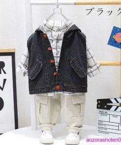 セットアップ 春服 ベビー服 男の子 上下セット 3点セット シャツ+ベスト+パンツ カジュアル キッズ チェック柄 春着 秋着 ブルー ブラック 80 110 100 90 120 * 上下セット