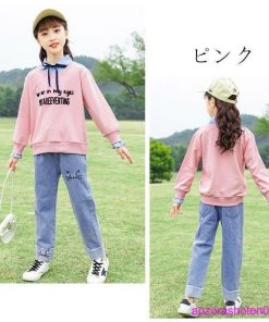 セットアップ キッズ 上下セット 春 秋 学生 女の子 長袖トップス+ジーンズ 可愛い ラペル アンサンブル ハート柄 2点セット 110-170 普段着 ネイビー ピンク * 上下セット