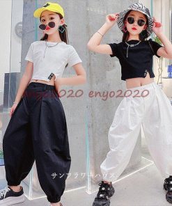 キッズダンス衣装 セットアップ Tシャツ ショット丈 白パンツ へそ出し ヒップホップ 韓国 かっこいい 黒 白 チアガール 女の子 発表会 イベント 練習着 110 170 * レッスンウエア