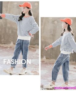 韓国子供服 セットアップ キッズ 女の子 秋服 上下セット スウェット+ジーンズ 2点セット レジャー 上下 通学 ジュニア服 110-170 長袖 ストライプ柄 丸首 * 上下セット