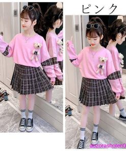 子ども服 セットアップ 可愛い 春服 女の子 上下セット スカートセット スウェット+スカート 2点セット クマ 学生 小学生 上下 春 120-170 ホワイト ピンク 秋 * 上下セット