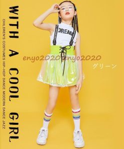 キッズ ダンス衣装 チアガール 上下3点セット ジャズダンス 女の子 スカート 袖なし ヒップホップ 子供 HIPHOP ダンス衣装 4色 演出服 応援団 * ウエア