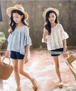 子供服 夏服 セットアップ キッズ 女の子 韓国子供服 上下セット 2点セット トップス 半袖 Tシャツ シフォン ショートパンツ 短パン 140 通学着 130 120 * ワンピース、チュニック