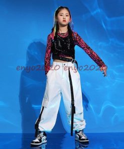 へそ出し キッズ ダンス 衣装 上下3点セットアップ 韓国 ヒップホップ トップス 黒 チアダンス 女の子 チアガール ベスト 柄 長袖 発表会 練習着 体育祭 応援団 * レッスンウエア