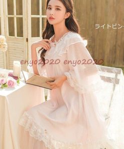 2019新作 レディース レース 姫系 ネグリジェ 寝巻き 7分袖 ロング丈 春 夏 ロリータ ナイトウエア パジャマ フリル ルームワンピース * ネグリジェ