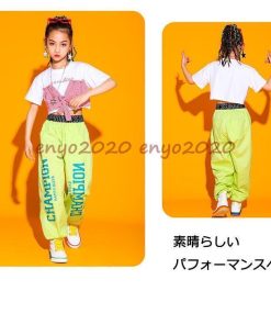 へそ出し キッズ ダンス 衣装 セットアップ トップス 白 韓国 HIPHOP ヒップホップ ダンス パンツ 女の子 子供 チアガール 発表会 演出服 単品販売 文化祭 * レッスンウエア