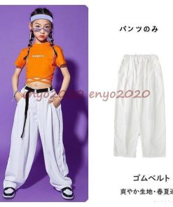 ダンス衣装 キッズ セットアップ ジャズダンス ヒップホップ 女の子 チアガール へそ出し トップス 白パンツ 韓国 かっこいい 発表会 イベント 練習着 * レッスンウエア