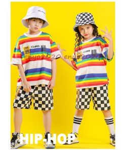 キッズダンス衣装 ヒップホップ Hiphop ジャズダンス セットアップ Tシャツ パンツ ガールズ 男の子 女の子 虹色 2点セット 演出服 運動会 応援団 子供 練習着 * レッスンウエア