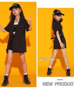 キッズ ダンス衣装 黒 白 トップス シャツ タンクトップ 半パンツ ヒップホップ 半袖 チアガール 女の子 カッコイイ 韓国 子供 団体服 110-180cm 発表会 演出服 * レッスンウエア