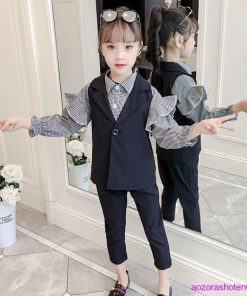 子供スーツ フォーマル 女の子 子供服 セットアップ キッズ おしゃれ 長袖 春秋 秋 3点セット ベスト シャツ 長ズボン チェック柄 可愛い 卒業式 入学式 通学着 * スーツ、ブレザー