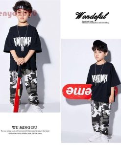 キッズ ダンス衣装 ヒップホップ 子供  HIPHOP  男の子 女の子 迷彩柄 Ｔシャツ 迷彩パンツ ダンストップス 体操服 練習着 ジャズダンス ステージ衣装 * 新体操ウエア