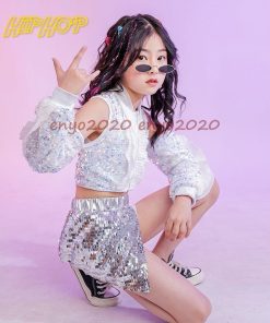 キッズダンス衣装 スパンコール ヒップホップ チアガール 子供 女の子 HIPHOP キラキラ へそ出し 応援団 発表会  演出服 セット販売 ステージ衣装 * レッスンウエア