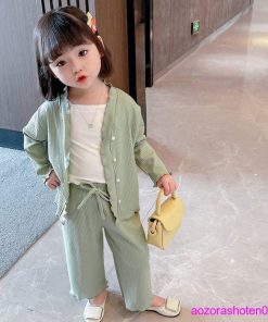 子供服 3点セット キッズ 女の子 セットアップ 上下セット スウィート 幼児 ベビー カーディガン キャミソール パンツ オシャレ 可愛い グリーン ピンク 春夏秋 * 上下セット