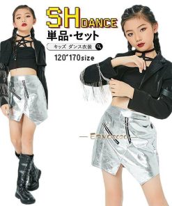 キッズ ダンス衣装 スカート ジャケット タンクトップ 女の子 セットアップ ヒップホップ チアガール 黒 シルバー ジャズダンス 子供 韓国 ステージ衣装 発表会 * レッスンウエア