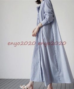 シャツワンピース　ストライプ　ロングシャツワンピース ルーズワンピ ロングシャツ レディース オーバーサイズ ガウン * 長袖