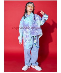 長袖シャツ ステージ衣装 子供 デニムパンツ Hiphop セットアップ 絞り染め キッズダンス衣装 ダンス発表会 練習着 デニム 発表会 ヒップホップ 上下2点セット * レッスンウエア