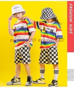 キッズダンス衣装 ヒップホップ Hiphop ジャズダンス セットアップ Tシャツ パンツ ガールズ 男の子 女の子 虹色 2点セット 演出服 運動会 応援団 子供 練習着 * レッスンウエア