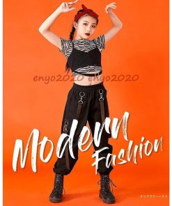 キッズダンス衣装 セットアップ ヒップホップ 韓国 かっこいい 黒 へそ出し 女の子 ベスト Tシャツ トップス カーゴパンツ 発表会　 ダンス パンツ 練習着 * レッスンウエア