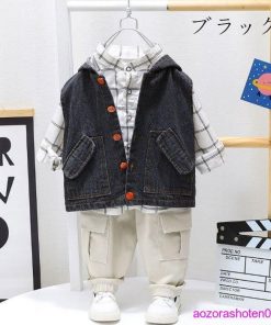 セットアップ 春服 ベビー服 男の子 上下セット 3点セット シャツ+ベスト+パンツ カジュアル キッズ チェック柄 春着 秋着 ブルー ブラック 80 110 100 90 120 * 上下セット