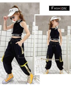 ダンス衣装 キッズ へそ出し タンクトップ パンツ 黒 白 練習着 ヒップホップ ジャズダンス 女の子 韓国 チアガール ステージ衣装 発表会 子供 応援団 演出 * レッスンウエア