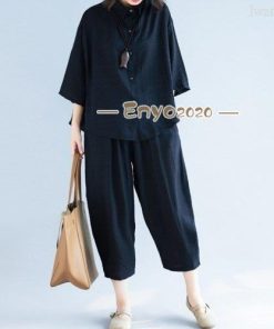 綿麻2点セットPOLOネックシワ加工シャツ＋ポケット付きカジュアルパンツ * セットアップ