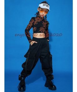 キッズダンス衣装 セットアップ ヒップホップ へそ出し 長袖Tシャツ パンツ 韓国 かっこいい 派手 黒 ダンス衣装 龍 柄 原宿 発表会 170 ステージ衣装 練習着 * レッスンウエア