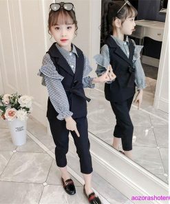 子供スーツ フォーマル 女の子 子供服 セットアップ キッズ おしゃれ 長袖 春秋 秋 3点セット ベスト シャツ 長ズボン チェック柄 可愛い 卒業式 入学式 通学着 * スーツ、ブレザー