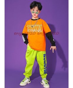 キッズダンス衣装 青 シャツ 長袖トップス  白 ワイドパンツ グリーン 長ズボン 女の子 男の子 運動風 韓国 ジャズダンス ヒップホップ 体育祭 応援団 文化祭 * レッスンウエア