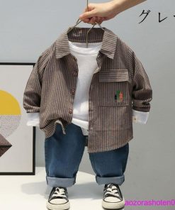 セットアップ 男の子 ベビー 春服 新作 カジュアル シャツ+ジーンズ 2点セット キッズ ボーイズ 上下 春着 秋着 ストライプ柄シャツ 全3色 110 90 100 120 80 * 上下セット