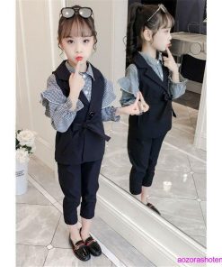 子供スーツ フォーマル 女の子 子供服 セットアップ キッズ おしゃれ 長袖 春秋 秋 3点セット ベスト シャツ 長ズボン チェック柄 可愛い 卒業式 入学式 通学着 * スーツ、ブレザー