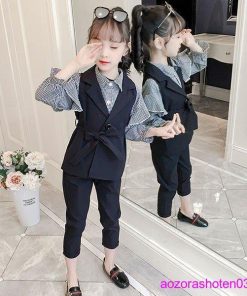 子供スーツ フォーマル 女の子 子供服 セットアップ キッズ おしゃれ 長袖 春秋 秋 3点セット ベスト シャツ 長ズボン チェック柄 可愛い 卒業式 入学式 通学着 * スーツ、ブレザー