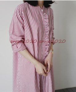 シャツワンピース　ストライプ　ロングシャツワンピース ルーズワンピ ロングシャツ レディース オーバーサイズ ガウン * 長袖