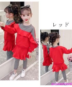 子供服 可愛い セットアップ 春 秋 女の子 キッズ 上下セット 2点セット 普段着 スウィート スウェット+キュロットスカート イエロー 長袖 110-170  レッド * 上下セット