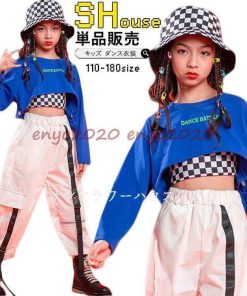 キッズダンス衣装 セットアップ 白パンツ へそ出し Tシャツ ショット丈 カーゴパンツ ヒップホップ 韓国 かっこいい 黒 女の子 練習着 発表会 チェック柄 * レッスンウエア