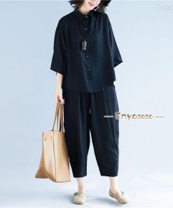 綿麻2点セットPOLOネックシワ加工シャツ＋ポケット付きカジュアルパンツ * セットアップ