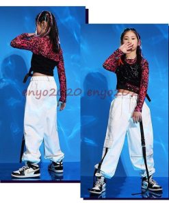 へそ出し キッズ ダンス 衣装 上下3点セットアップ 韓国 ヒップホップ トップス 黒 チアダンス 女の子 チアガール ベスト 柄 長袖 発表会 練習着 体育祭 応援団 * レッスンウエア