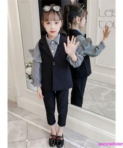 子供スーツ フォーマル 女の子 子供服 セットアップ キッズ おしゃれ 長袖 春秋 秋 3点セット ベスト シャツ 長ズボン チェック柄 可愛い 卒業式 入学式 通学着 * スーツ、ブレザー