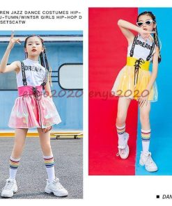 キッズ ダンス衣装 チアガール 上下3点セット ジャズダンス 女の子 スカート 袖なし ヒップホップ 子供 HIPHOP ダンス衣装 4色 演出服 応援団 * ウエア